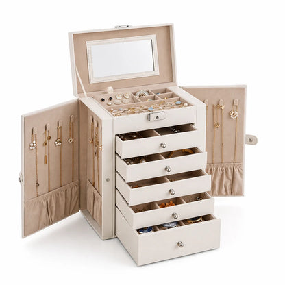 Six-Tier Jewelry Organizer with Velvet Lining (Built-in Mirror & Lock)