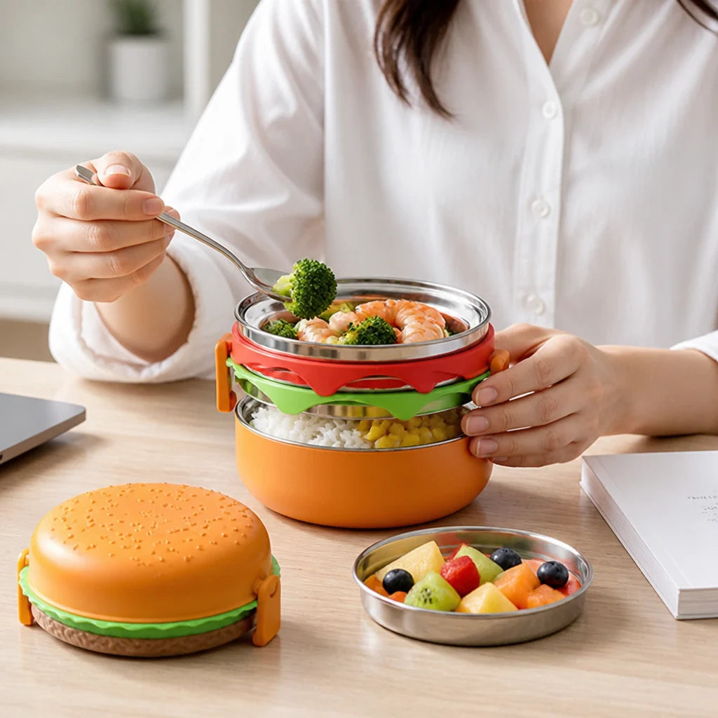 Microwave-Safe Stackable Hamburger Lunchbox (with Cutlery)