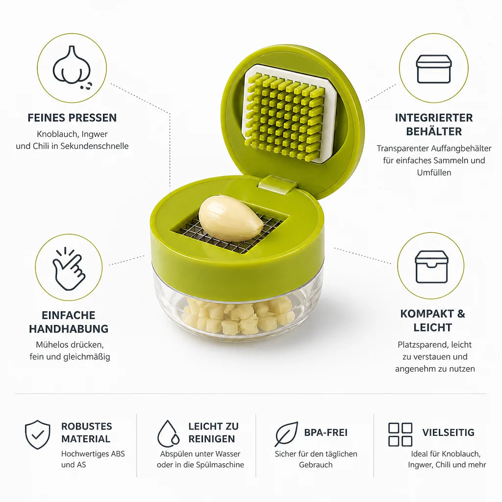 Fine garlic press with clear container