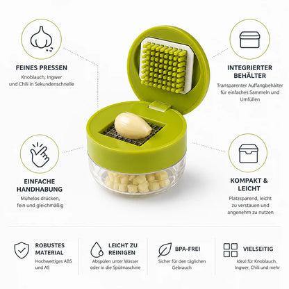 Fine garlic press with clear container