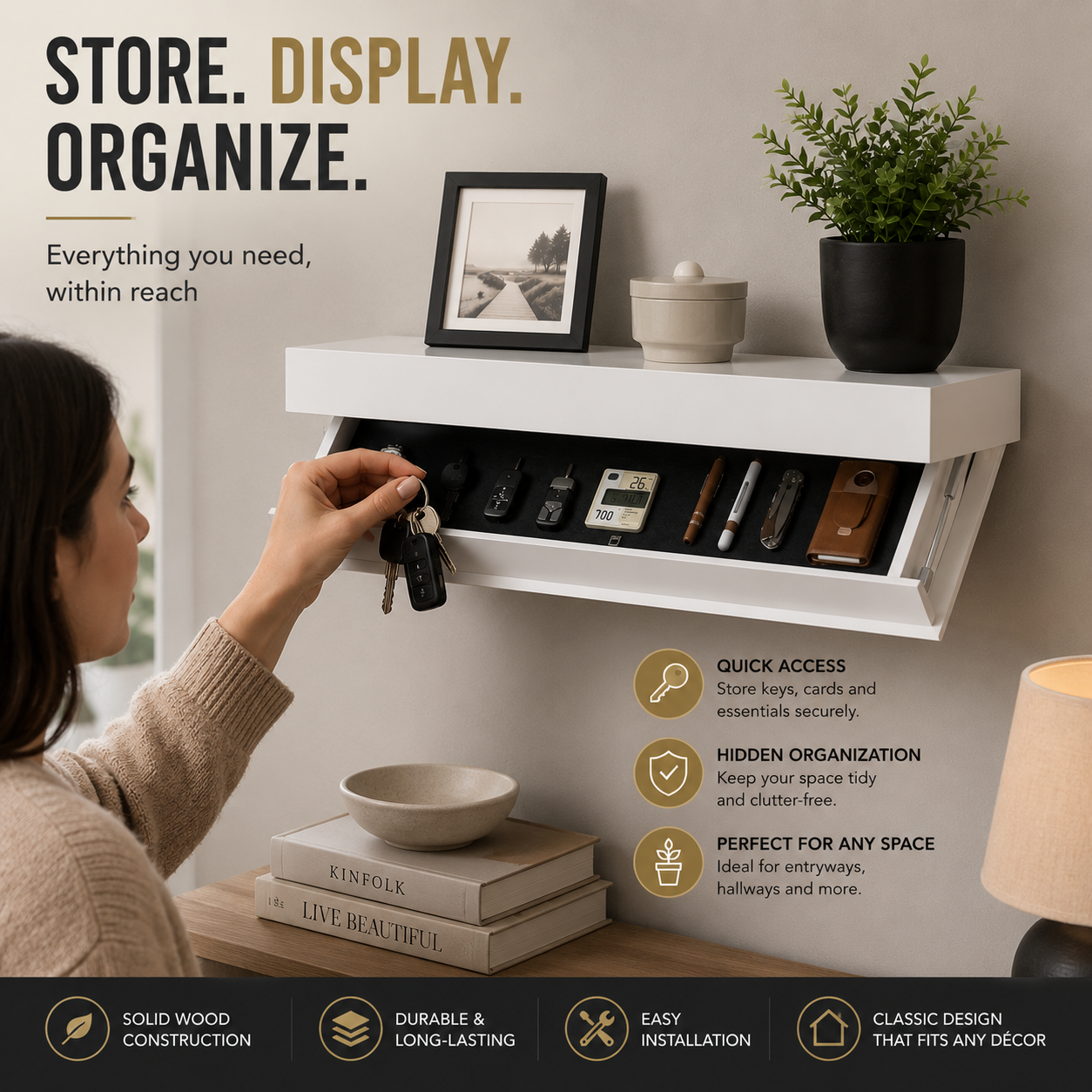 Wall shelf with secret compartment made of wood