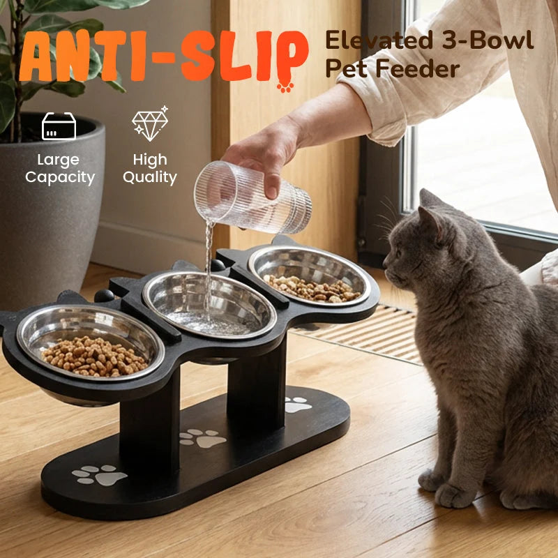 Ergonomic Feeding Bowl Stand with 3 Stainless Steel Bowls