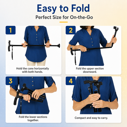 Adjustable Walking Cane with 4-Point Base & LED Light
