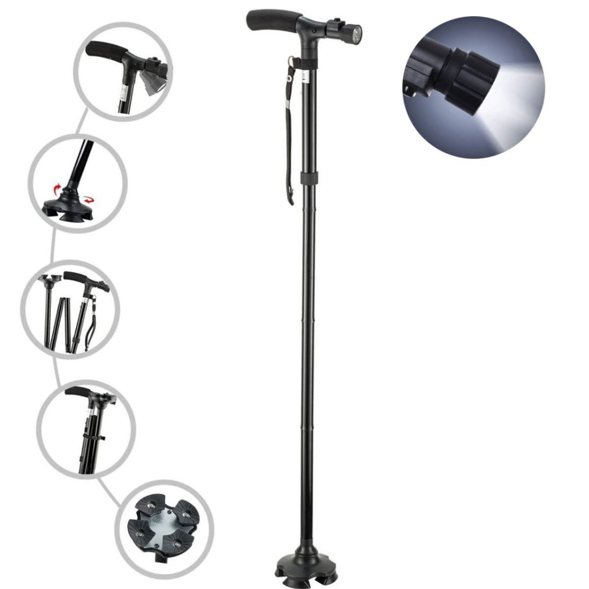Adjustable Walking Cane with 4-Point Base & LED Light