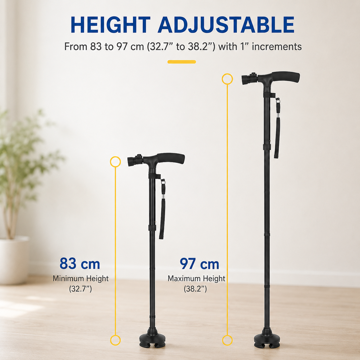 Adjustable Walking Cane with 4-Point Base & LED Light