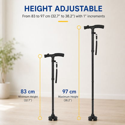 Adjustable Walking Cane with 4-Point Base & LED Light