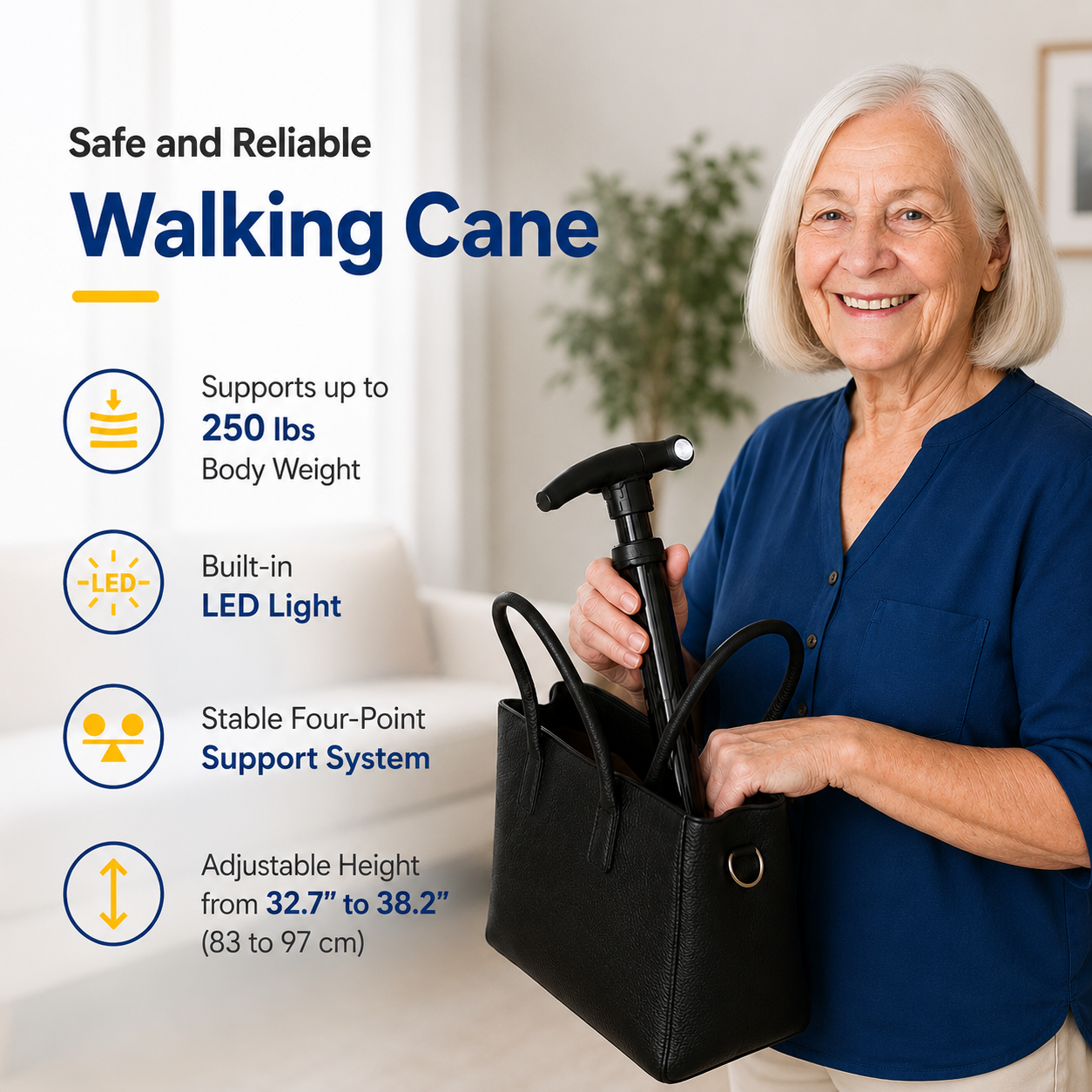 Adjustable Walking Cane with 4-Point Base & LED Light