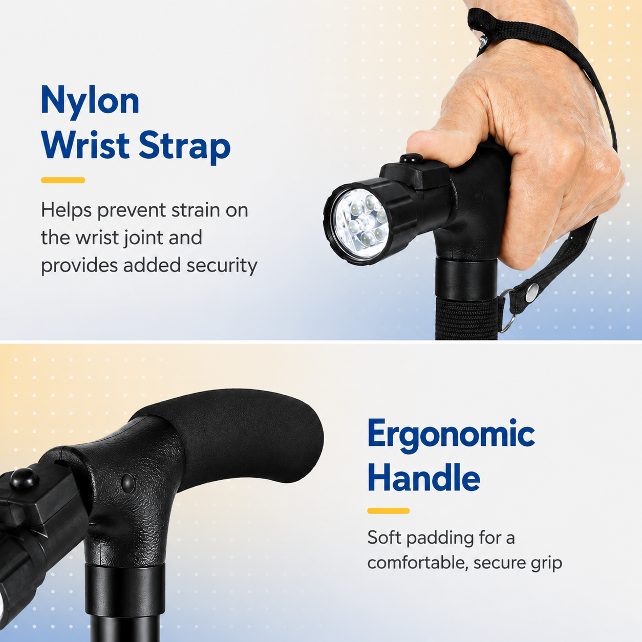 Adjustable Walking Cane with 4-Point Base & LED Light