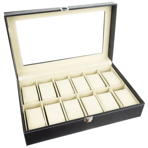 Watch Box 12 Compartments with Glass Lid – Black