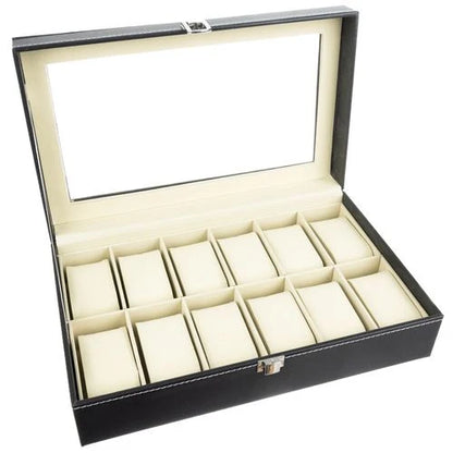 Watch Box 12 Compartments with Glass Lid – Black