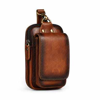 Full-grain cowhide leather waist bag with magnetic flap and zipper