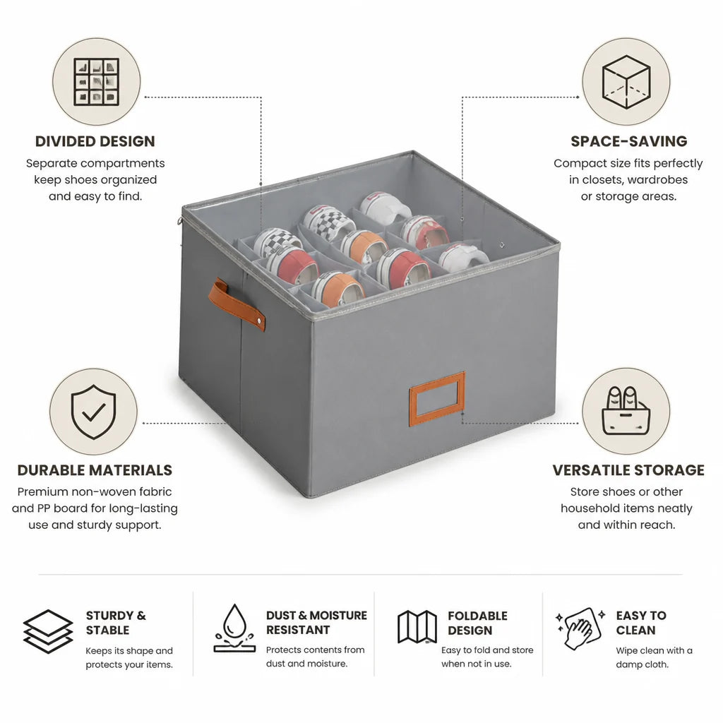 Compartmentalized, Space-Saving Shoe Organizer Box (36×36×30 cm)