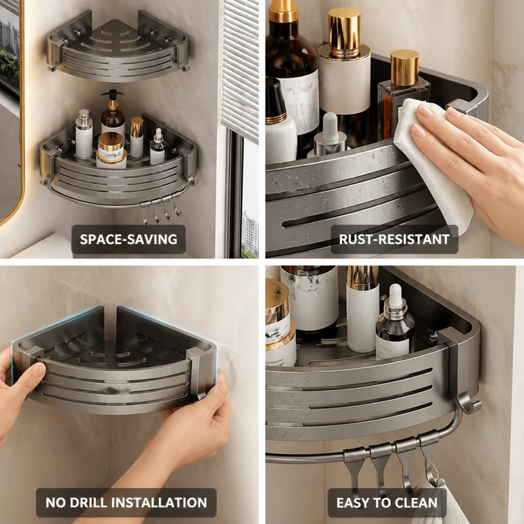 Rust-resistant aluminum corner shower shelf without drilling (90° corner)