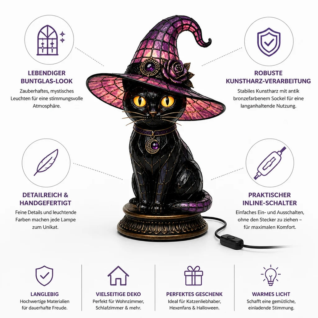 Table lamp with stained glass look, gothic witch cat