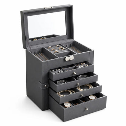 Six-Tier Jewelry Organizer with Velvet Lining (Built-in Mirror & Lock)