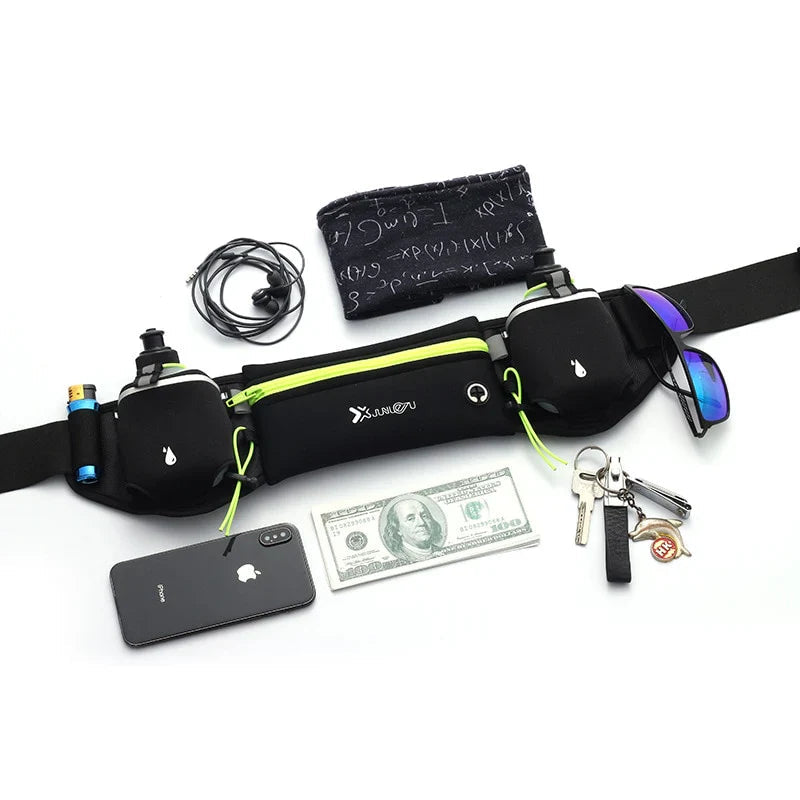 Running belt with water bottles for hands-free hydration