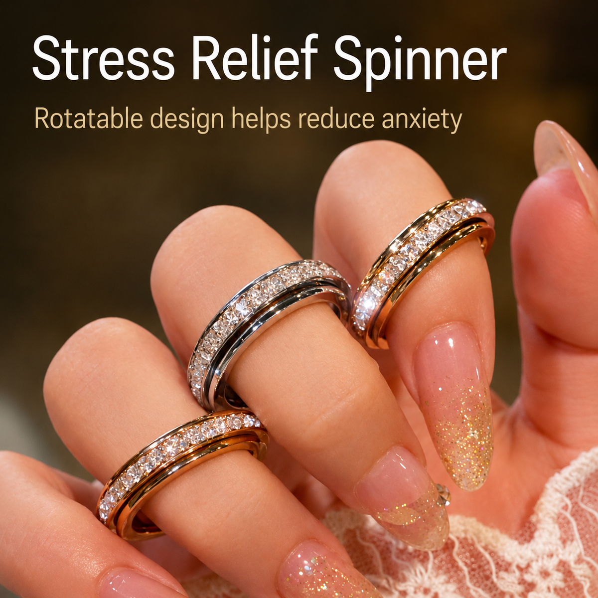 Rotatable Spinner Ring made of Titanium Steel with Cubic Zirconia